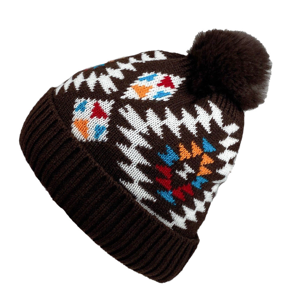 Wholesale Autumn and Winter Plush Women's Aztec Pattern Warm Wool Ball Knitted Wool Hat